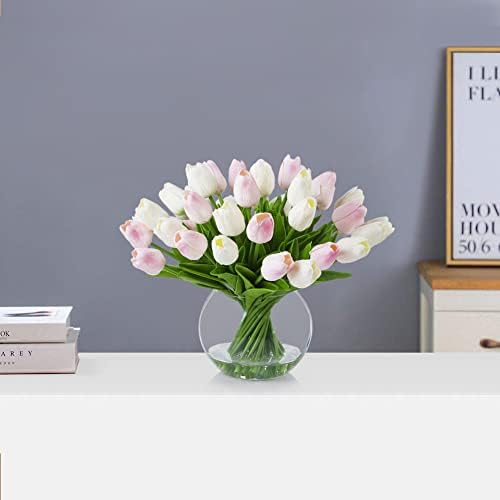 ENOVA FLORAL 30 Pieces Artificial Real Touch Tulips Flowers with Vase, Fake White Pink Tulips Flowers with Vase, alternate