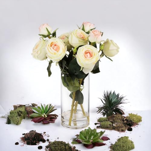 ENOVA FLORAL 9 Heads Silk Rose Artificial Flowers in Vase, Faux Rose Flowers Arrangement in Vase with Faux Water, alternate