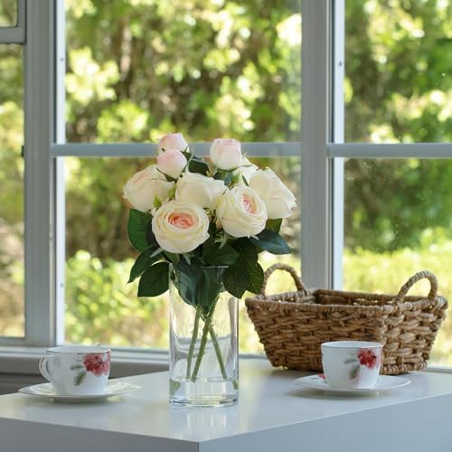 ENOVA FLORAL 9 Heads Silk Rose Artificial Flowers in Vase, Faux Rose Flowers Arrangement in Vase with Faux Water, alternate