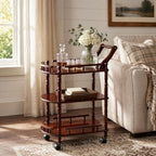 Entertainment Kitchen Cart, Midcentury Modern Imported rubberwood Brown Finished Wood 3-Tier Mobile Bar Cart, alternate view