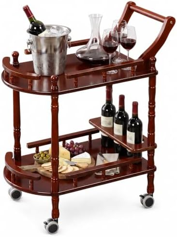Entertainment Kitchen Cart, Midcentury Modern Imported rubberwood Brown Finished Wood 2-Tier Mobile Bar Cart