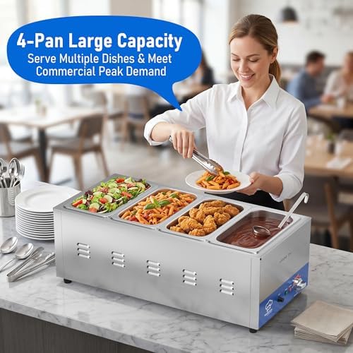 ETL Listed 4-Pan Commercial Food Warmer with Seamless One-piece Tank & 4 of 1/3 Size GN Pan,120V 1500W, alternate view 3