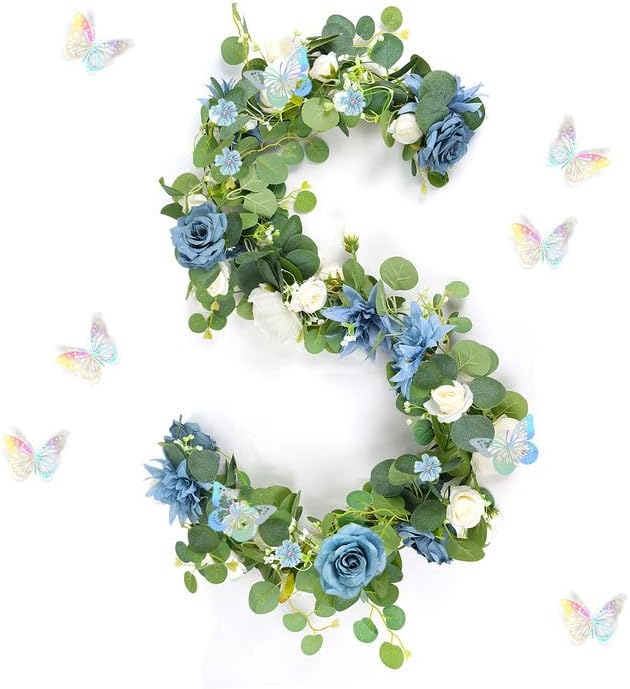 Eucalyptus Garland with Flowers - 1 Pack 5.9 FT Artificial Flower Garland with Butterflies Faux Rose Greenery
