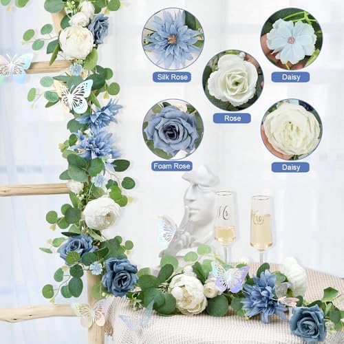 Eucalyptus Garland with Flowers - 1 Pack 5.9 FT Artificial Flower Garland with Butterflies Faux Rose Greenery, alternate view
