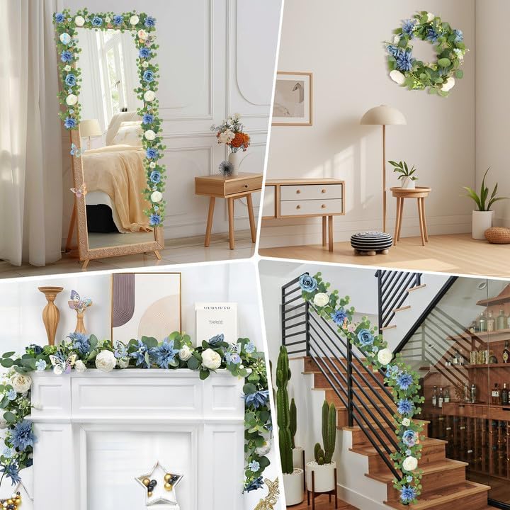 Eucalyptus Garland with Flowers - 1 Pack 5.9 FT Artificial Flower Garland with Butterflies Faux Rose Greenery, alternate view