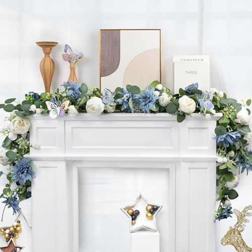 Eucalyptus Garland with Flowers - 1 Pack 5.9 FT Artificial Flower Garland with Butterflies Faux Rose Greenery, alternate view
