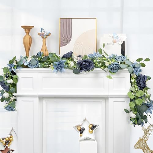 Eucalyptus Garland with Flowers - 1 Pack 5.9 FT Fake Flower Garland with Butterflies Faux Rose Greenery Garlands, alternate