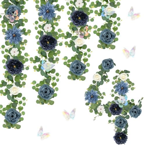 Eucalyptus Garland with Flowers - 4 Pack 5.9 FT Fake Flower Garland with Butterflies Faux Rose Greenery Garlands