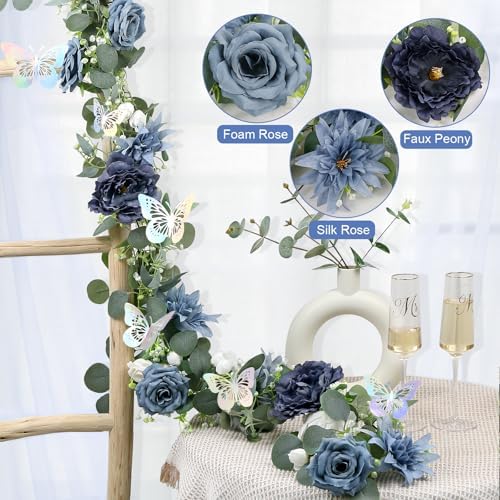 Eucalyptus Garland with Flowers - 4 Pack 5.9 FT Fake Flower Garland with Butterflies Faux Rose Greenery Garlands, alternate