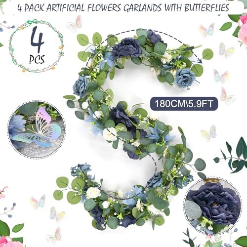 Eucalyptus Garland with Flowers - 4 Pack 5.9 FT Fake Flower Garland with Butterflies Faux Rose Greenery Garlands, alternate