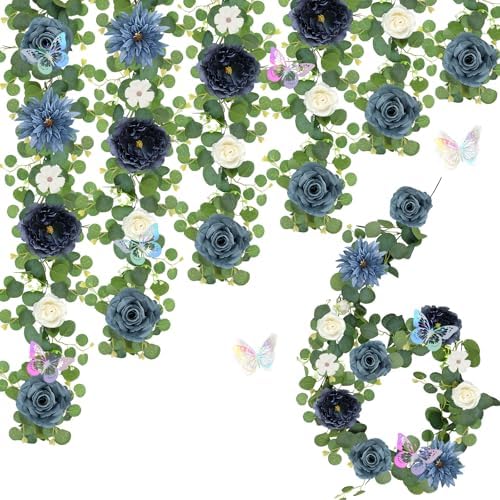 Eucalyptus Garland with Flowers - 6 Pack 5.9 FT Fake Flower Garland with Butterflies Faux Rose Greenery Garlands