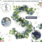 Eucalyptus Garland with Flowers - 6 Pack 5.9 FT Fake Flower Garland with Butterflies Faux Rose Greenery Garlands, alternate