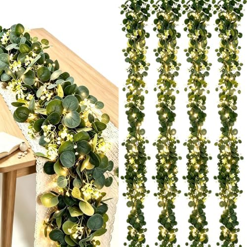 Eucalyptus Garland with Lights, 4 Packs 6FT Artificial Lighted Garland, Spring Summer Green Faux Garlands for