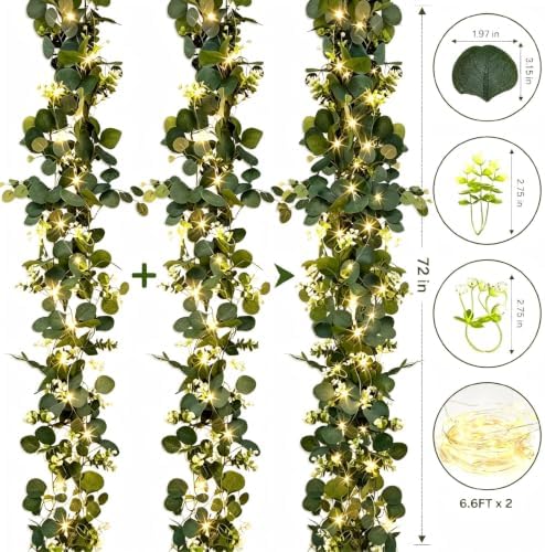 Eucalyptus Garland with Lights, 4 Packs 6FT Artificial Lighted Garland, Spring Summer Green Faux Garlands for, alternate view