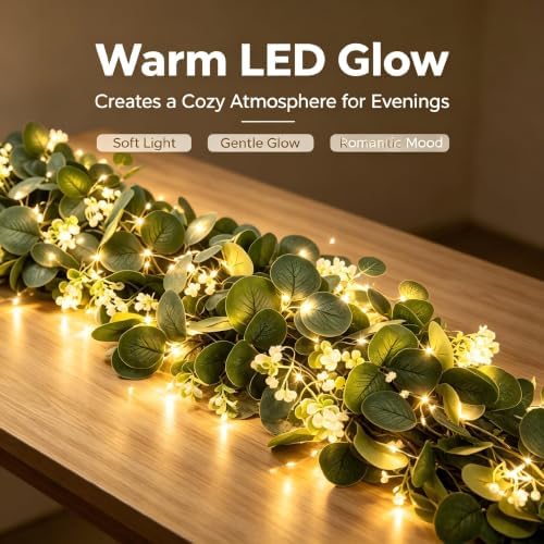 Eucalyptus Garland with Lights, 4 Packs 6FT Artificial Lighted Garland, Spring Summer Green Faux Garlands for, alternate view