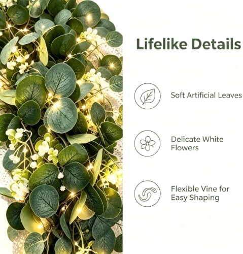Eucalyptus Garland with Lights, 4 Packs 6FT Artificial Lighted Garland, Spring Summer Green Faux Garlands for, alternate view