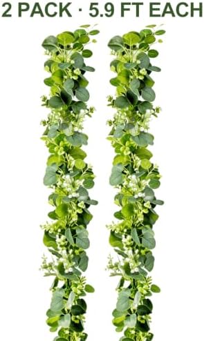 Eucalyptus Garland with White Flowers, 2 Pack, 5.9 FT Wedding Greenery, alternate view 3