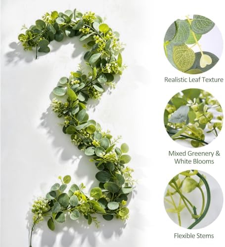 Eucalyptus Garland with White Flowers, 2 Pack, 5.9 FT Wedding Greenery, alternate view 6