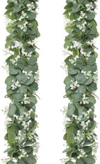 Eucalyptus Garland with White Flowers, 2 Packs 5.9Ft Artificial Silver Dollar Eucalyptus Leaves Plant Fake