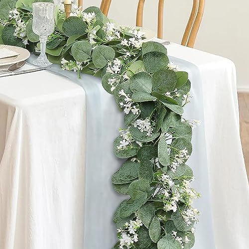 Eucalyptus Garland with White Flowers, 2 Packs 5.9Ft Artificial Silver Dollar Eucalyptus Leaves Plant Fake, alternate view 3