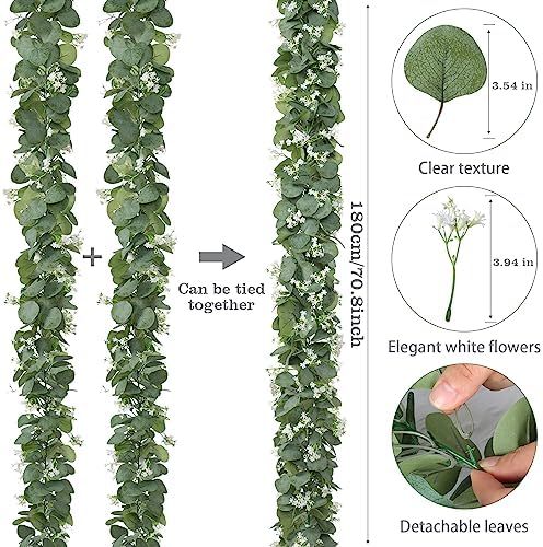 Eucalyptus Garland with White Flowers, 2 Packs 5.9Ft Artificial Silver Dollar Eucalyptus Leaves Plant Fake, alternate view 4