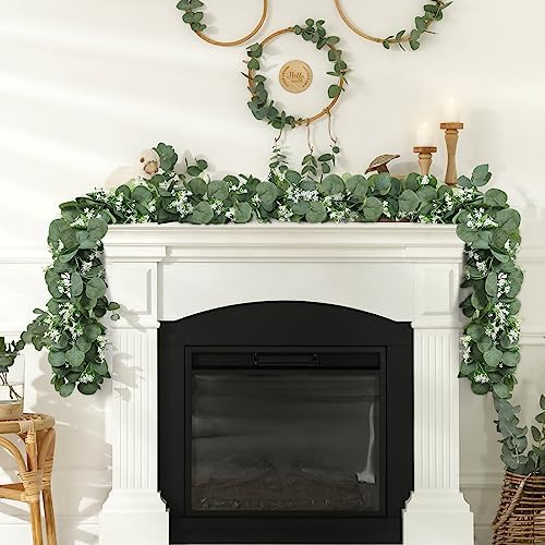 Eucalyptus Garland with White Flowers, 2 Packs 5.9Ft Artificial Silver Dollar Eucalyptus Leaves Plant Fake, alternate view 6