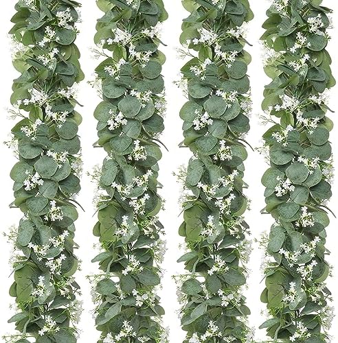 Eucalyptus Garland with White Flowers 4 Packs 5.9Ft Artificial Plants Vines