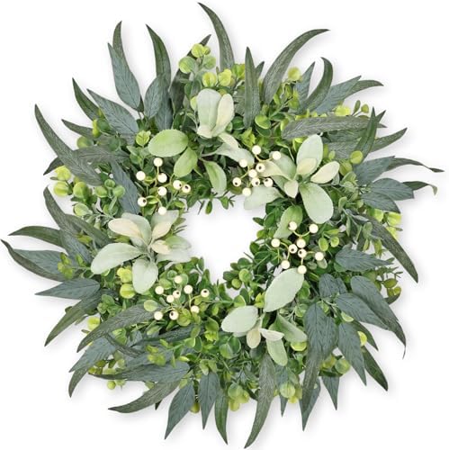 Eucalyptus Wreath 22 Inch Spring Wreath for Front Door with Lamb’s Ear White Berries Farmhouse Home Decor for