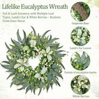 Eucalyptus Wreath 22 Inch Spring Wreath for Front Door with Lamb’s Ear White Berries Farmhouse Home Decor for, alternate view