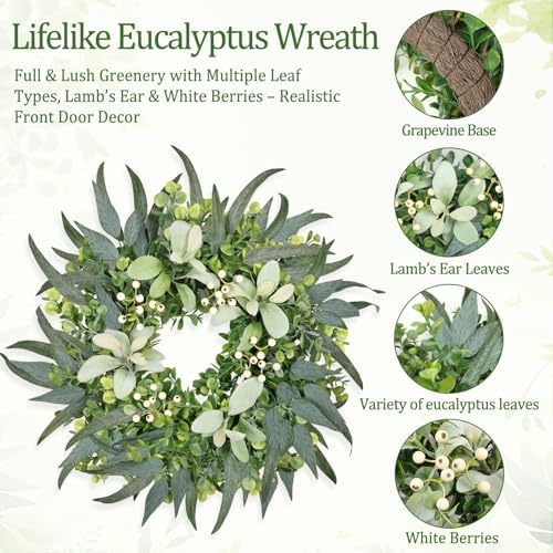 Eucalyptus Wreath 22 Inch Spring Wreath for Front Door with Lamb’s Ear White Berries Farmhouse Home Decor for, alternate view