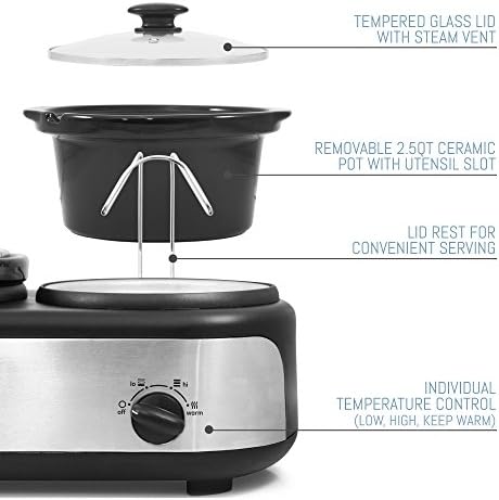 EWMST Adjustable Temp Dishwasher-Safe Oval Ceramic Pots, Lid Rests, 3 x 2.5Qt Capacity, Stainless Steel in, alternate view 4