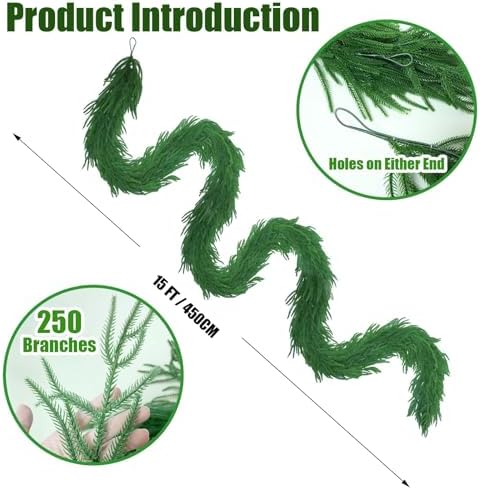 【Extra Full】 15FT Christmas Norfolk Pine Garland, Greenery Real Touch Decorations for Mantle Table Staircase, alternate view