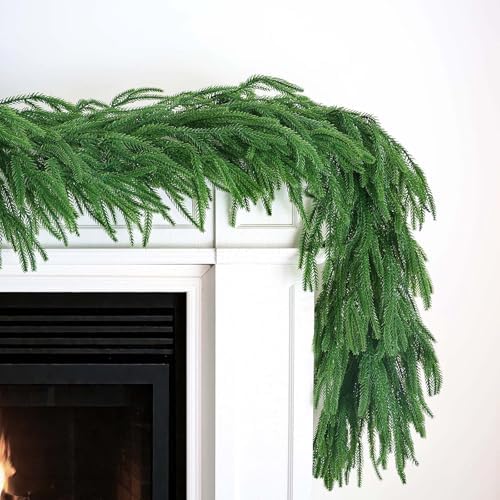 【Extra Full】 15FT Christmas Norfolk Pine Garland, Greenery Real Touch Decorations for Mantle Table Staircase, alternate view