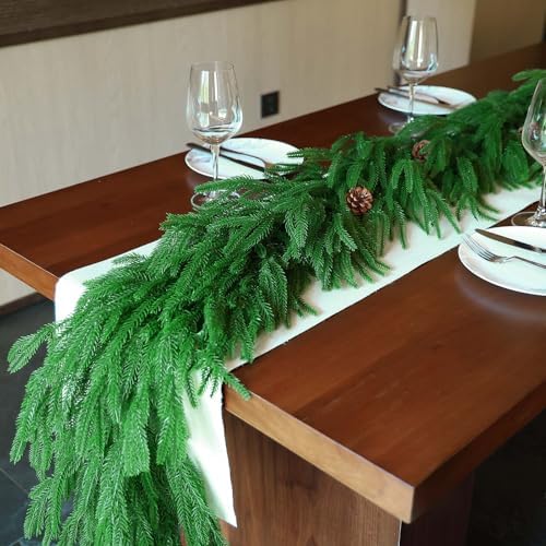 【Extra Full】 2Pcs 6FT Christmas Norfolk Pine Garland, Total 12ft Greenery Real Touch Decorations for Mantle, alternate view 6
