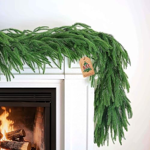 【Extra Full】 6FT Christmas Norfolk Pine Garland, Greenery Real Touch Decorations for Mantle Table Staircase