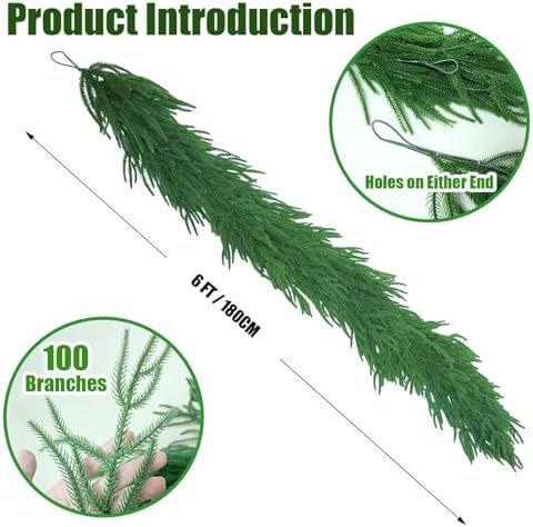 【Extra Full】 6FT Christmas Norfolk Pine Garland, Greenery Real Touch Decorations for Mantle Table Staircase, alternate view 2
