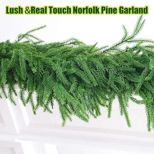 【Extra Full】 6FT Christmas Norfolk Pine Garland, Greenery Real Touch Decorations for Mantle Table Staircase, alternate view 6