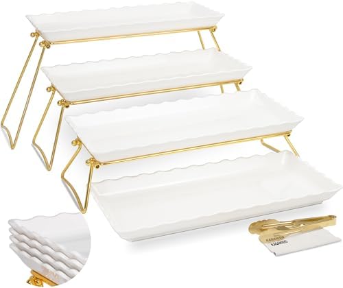 Extra Large 4 Tier Serving Tray Set, 34x22x10 inch Wave Edge Melamine Dessert Table Display Set, Tiered Trays