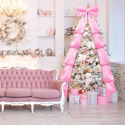 Extra Large Christmas Tree Topper Bow 118in/10ft, Pink, Satin in Pink, alternate view 3