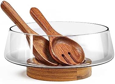 Extra Large Glass Salad Bowl Set - Party Salad Bowls with Acacia Wood Base and Serving Utensils - Elegant and