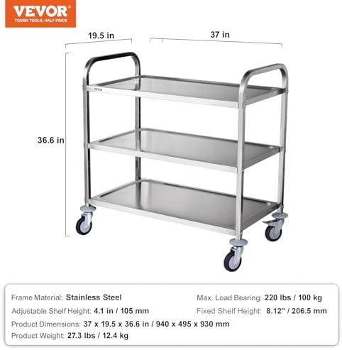Extra Large Utility Cart, 3 Tier Rolling Cart with Adjustable Shelf, Stainless Steel Kitchen Serving Cart with, alternate