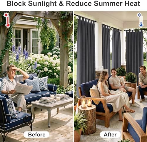 Extra Wide Outdoor Curtains for Patio Waterproof Tab Top Heavy Duty Thermal Insulated in Summer Full Coverage, alternate view
