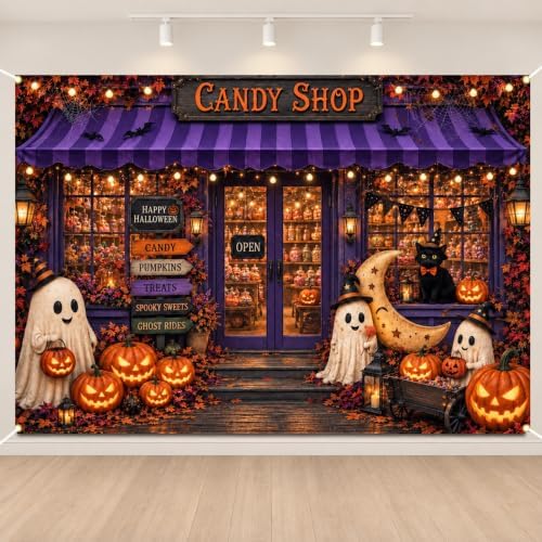 Fabric 7x5ft Halloween Candy Shop Photography Backdrop, Photo Booth Decor in 7x5ft in Purple and Orange