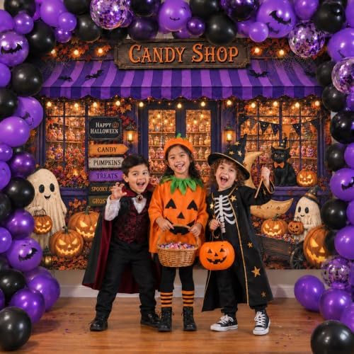Fabric 7x5ft Halloween Candy Shop Photography Backdrop, Photo Booth Decor in 7x5ft in Purple and Orange, alternate view 2