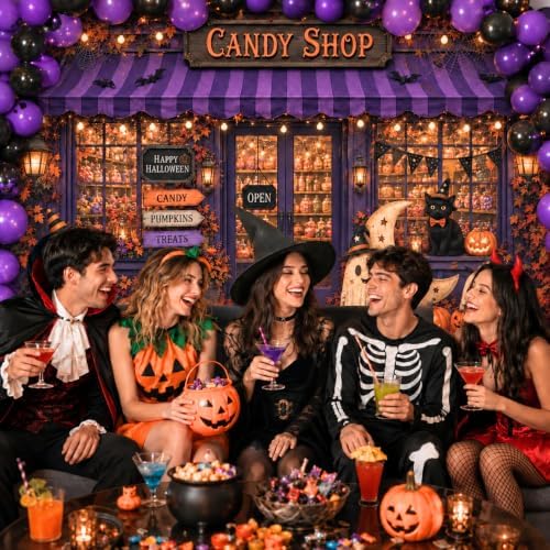 Fabric 7x5ft Halloween Candy Shop Photography Backdrop, Photo Booth Decor in 7x5ft in Purple and Orange, alternate view 3