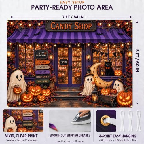 Fabric 7x5ft Halloween Candy Shop Photography Backdrop, Photo Booth Decor in 7x5ft in Purple and Orange, alternate view 4