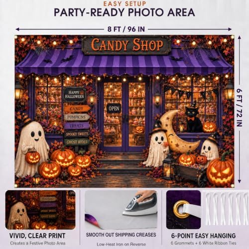 Fabric 8x6ft Halloween Candy Shop Photography Backdrop, Photo Booth Decor in 8x6ft in Purple and Orange, alternate view 4