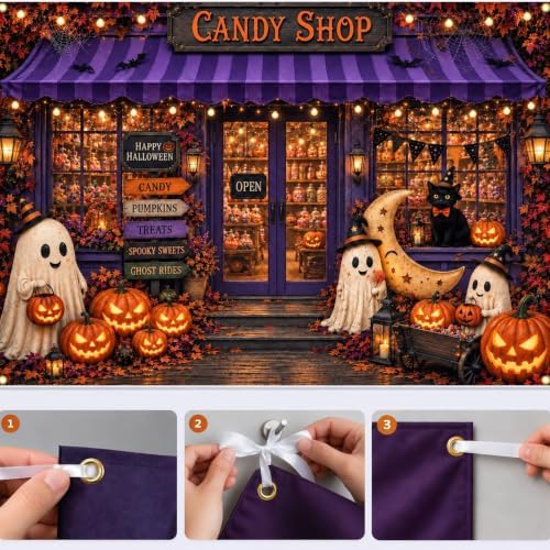 Fabric 8x6ft Halloween Candy Shop Photography Backdrop, Photo Booth Decor in 8x6ft in Purple and Orange, alternate view 5