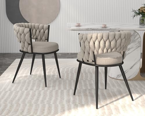 Fabric Dining Chairs Set of 2, Woven Chairs with Metal Legs, Beige in Beige, alternate view 4
