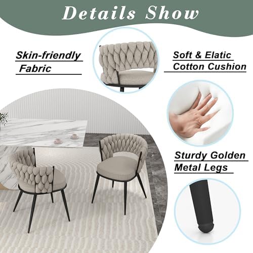 Fabric Dining Chairs Set of 2, Woven Chairs with Metal Legs, Beige in Beige, alternate view 6